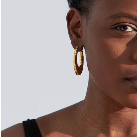 #27 New Gold Textured Long Oval Hoops - Picture 5 of 11